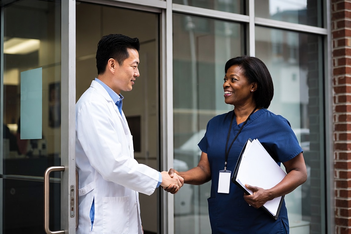 DOL doctor welcoming a federal employee at Federal Injury Specialists, a Department of Labor clinic in the Bronx