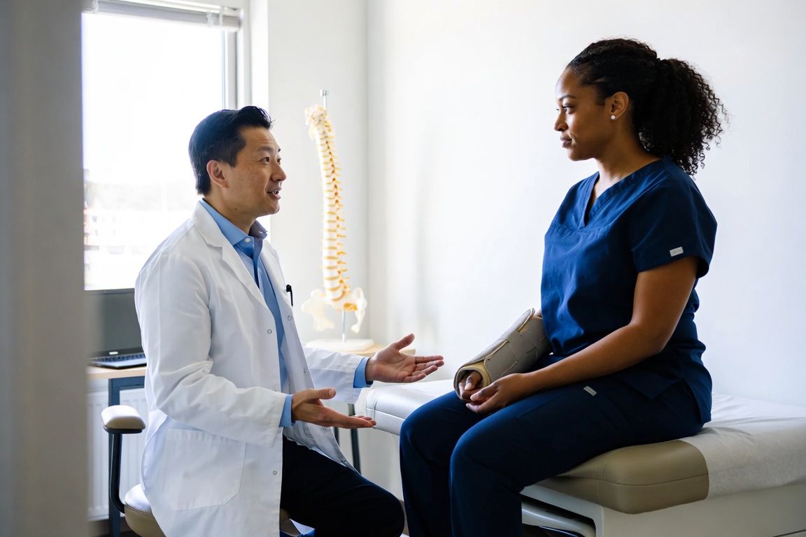 Federal workers' compensation doctor consulting with an injured federal employee at Federal Injury Specialists in the Bronx