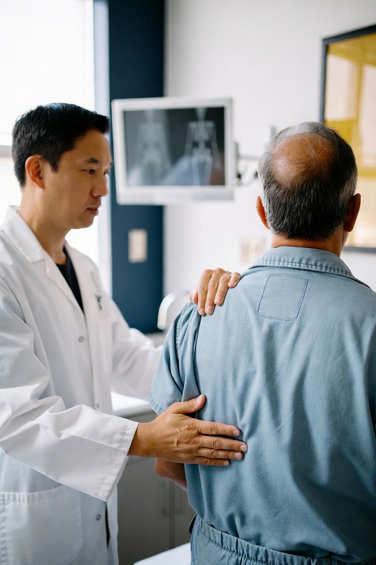 Federal workmans comp clinic exam room — physician evaluating a federal employee's shoulder injury