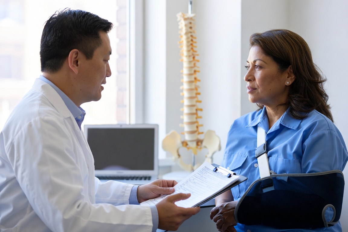 OWCP doctor at Federal Injury Specialists reviewing CA forms with an injured federal employee in the Bronx